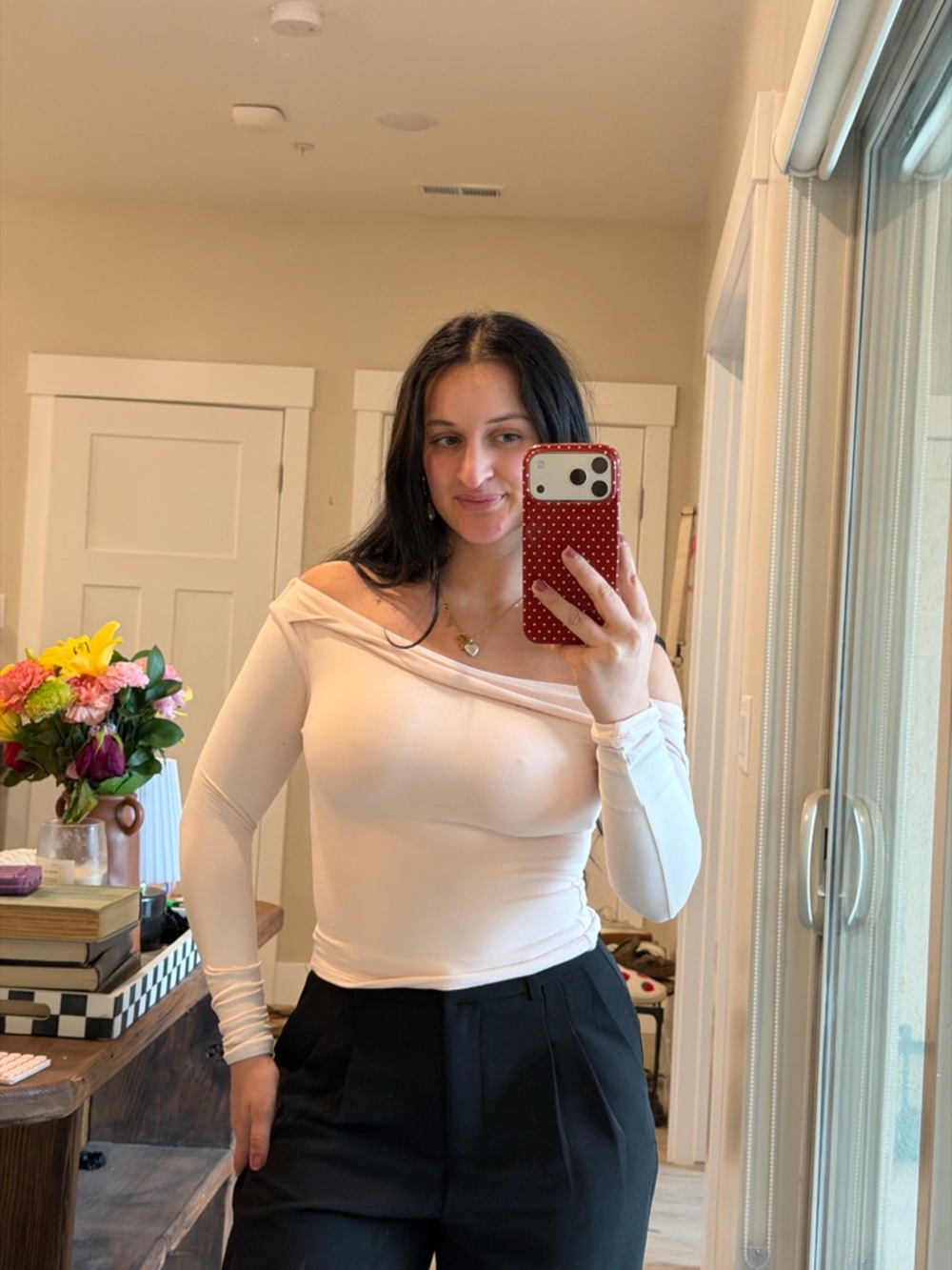 Off-Shoulder Long Sleeve Blouse in Light Blush
